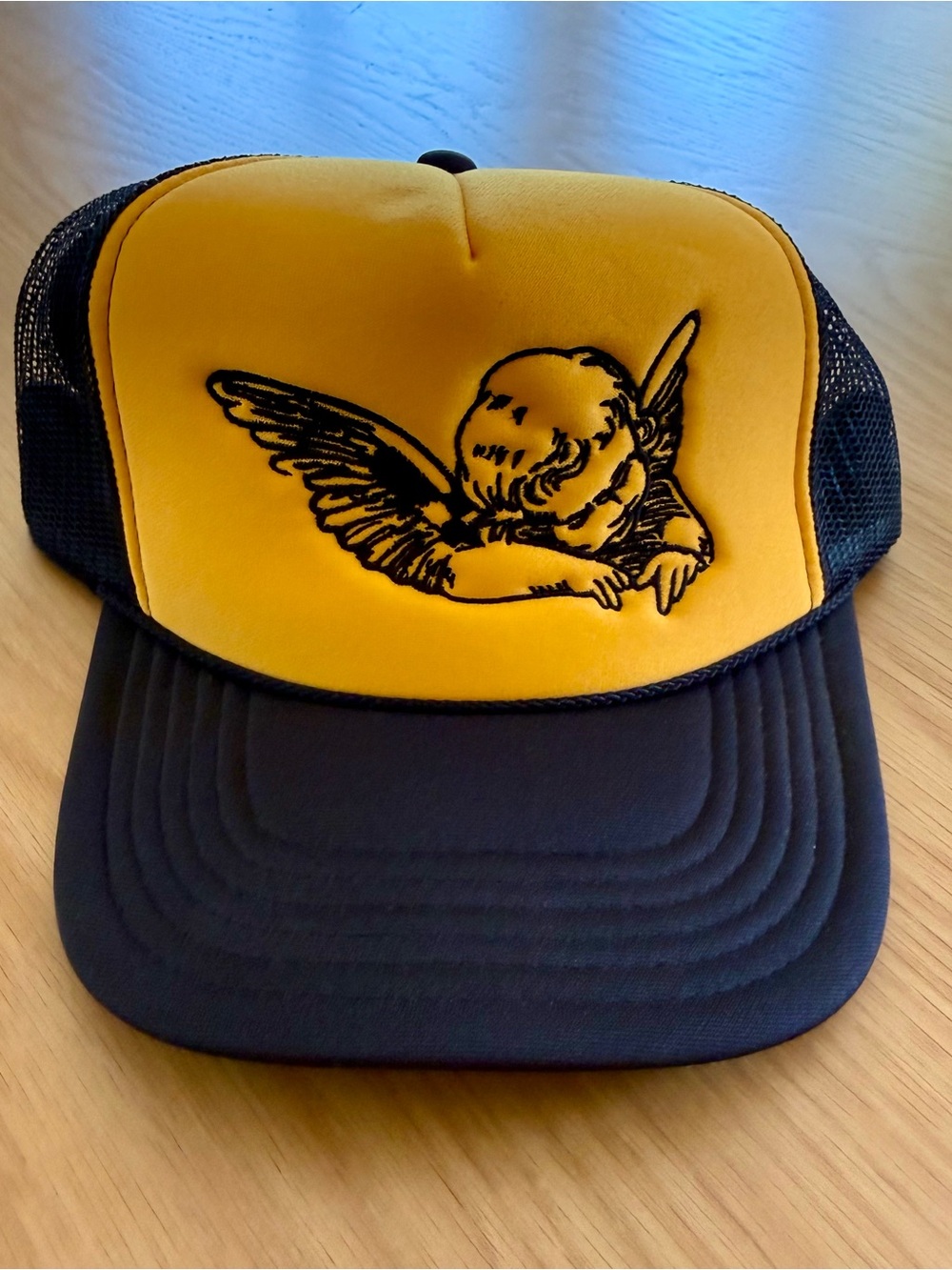 OTTO Yellow and Black Kids Trucker Hat with Cherub Angel Embroidery NWOT